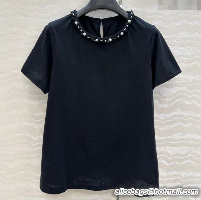 Buy Discount Chanel Cotton T-Shirt with Pearl Collar CH061224 Black 2025