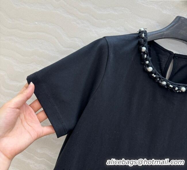 Buy Discount Chanel Cotton T-Shirt with Pearl Collar CH061224 Black 2025