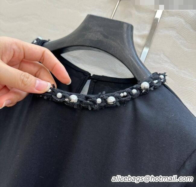 Buy Discount Chanel Cotton T-Shirt with Pearl Collar CH061224 Black 2025