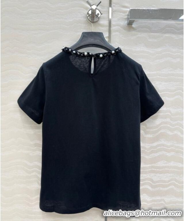 Buy Discount Chanel Cotton T-Shirt with Pearl Collar CH061224 Black 2025