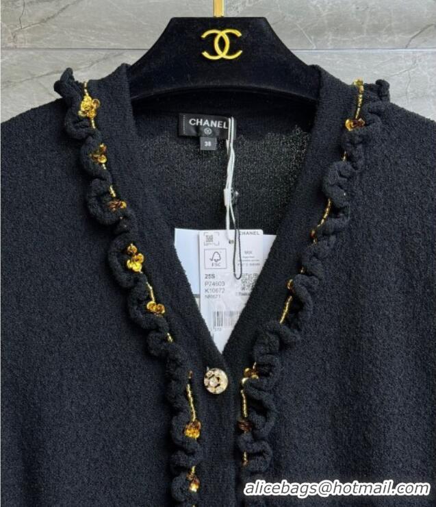 ​Top Quality Chanel Cardigan with Metal-Tone Blossom 0704 Black 2025