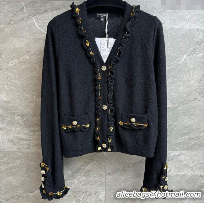 ​Top Quality Chanel Cardigan with Metal-Tone Blossom 0704 Black 2025