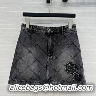 Super Quality Chanel Denim Skirt with Camellia 0704 Black 2025