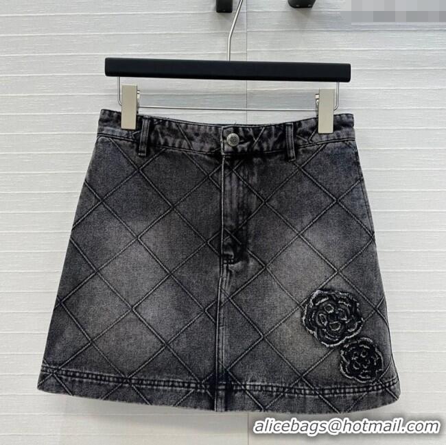 Super Quality Chanel Denim Skirt with Camellia 0704 Black 2025
