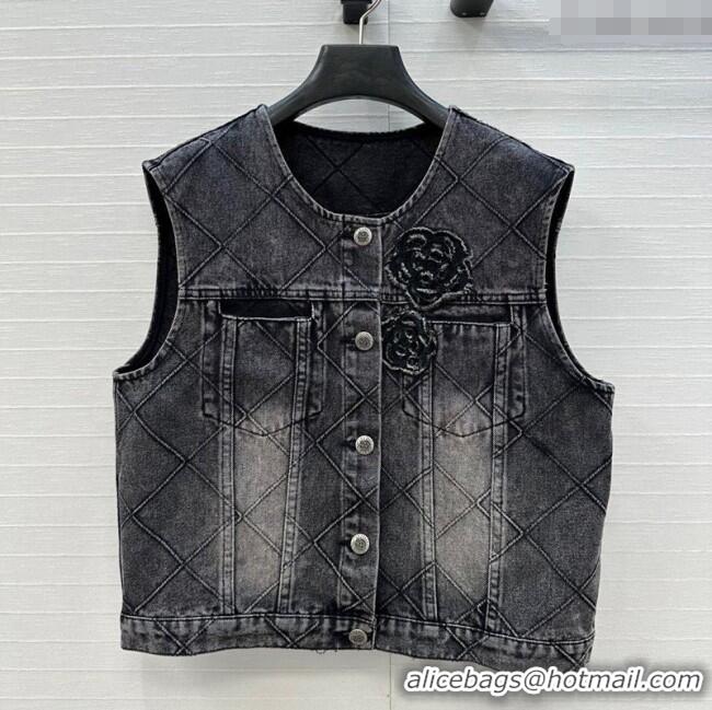 Best Quality Chanel Denim Jacket with Camellia 0704 Black 2025