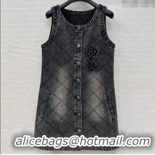 Super Quality Chanel Denim Dress with Camellia 0704 Black 2025