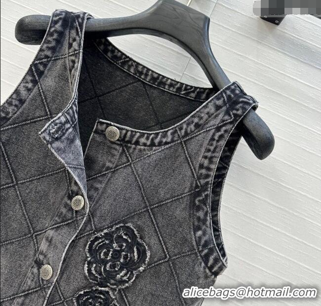 Super Quality Chanel Denim Dress with Camellia 0704 Black 2025