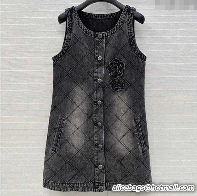 Super Quality Chanel Denim Dress with Camellia 0704 Black 2025