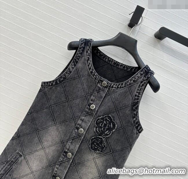 Super Quality Chanel Denim Dress with Camellia 0704 Black 2025