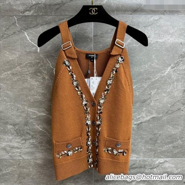 Trendy Design Chanel Wool Vest with Metal-Tone Blossom 0704 Brown 2025