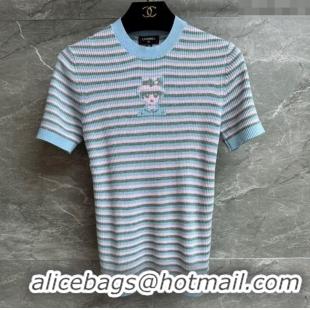 Famous Brand Chanel Cashmere Blend Striped Knit Top 0729 Blue 2025