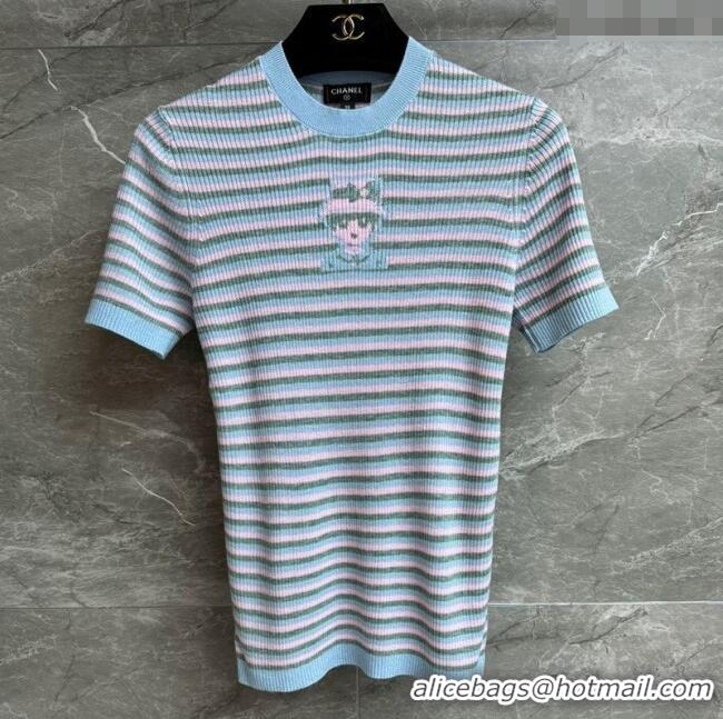 Famous Brand Chanel Cashmere Blend Striped Knit Top 0729 Blue 2025