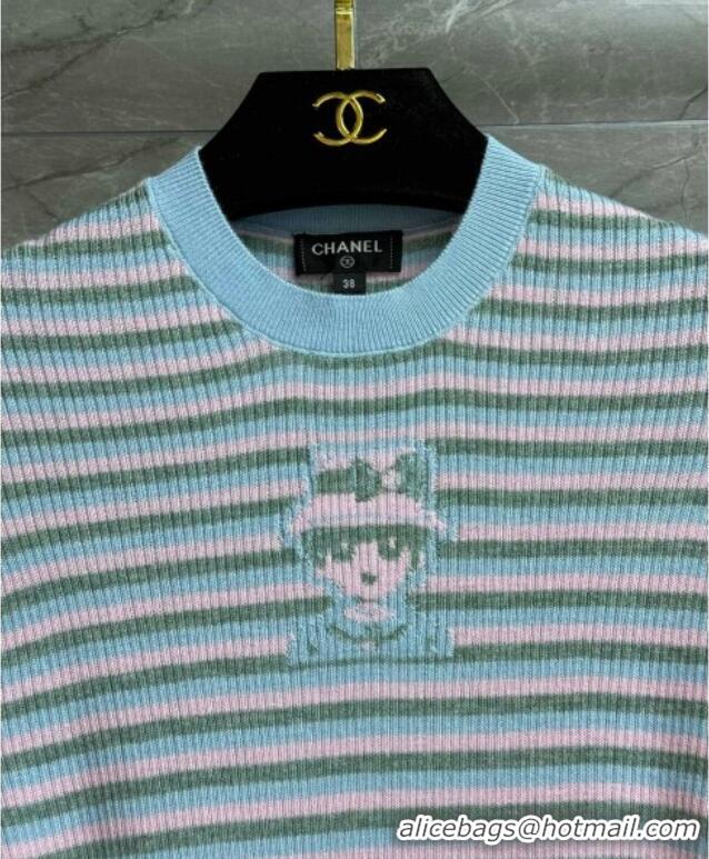 Famous Brand Chanel Cashmere Blend Striped Knit Top 0729 Blue 2025