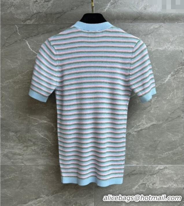 Famous Brand Chanel Cashmere Blend Striped Knit Top 0729 Blue 2025