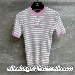 Super Quality Chanel Cashmere Blend Striped Knit Top 0729 Pink 2025