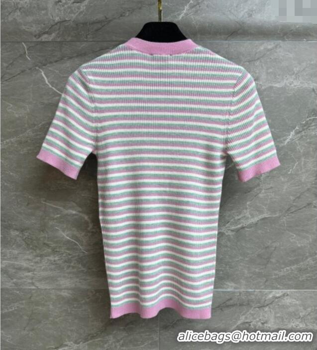 Super Quality Chanel Cashmere Blend Striped Knit Top 0729 Pink 2025