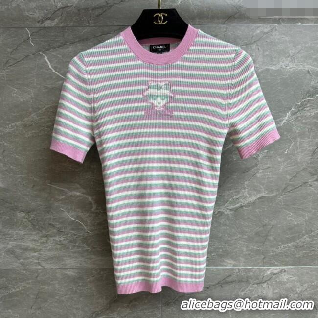 Super Quality Chanel Cashmere Blend Striped Knit Top 0729 Pink 2025