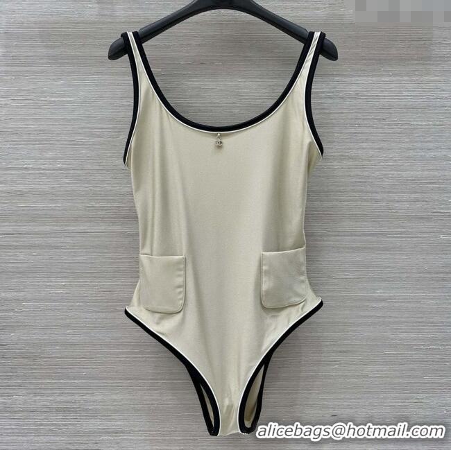 Grade Quality Chanel Stretch Jersey Swimsuit CH8603 Beige/Black 2025