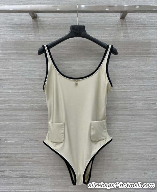 Grade Quality Chanel Stretch Jersey Swimsuit CH8603 Beige/Black 2025