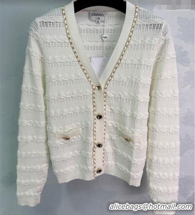 ​Top Quality Chanel Wool Knit Cardigan with Chain 0814 White 2025