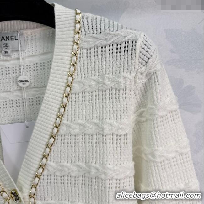 ​Top Quality Chanel Wool Knit Cardigan with Chain 0814 White 2025