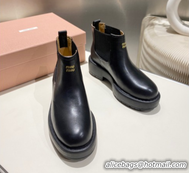 Discount Miu Miu Calf Leather Platform Ankle Boots Black 1024127