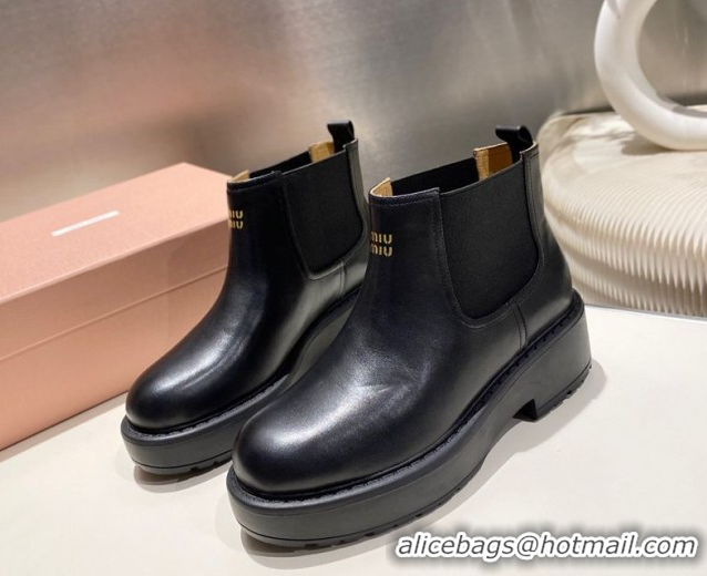 Discount Miu Miu Calf Leather Platform Ankle Boots Black 1024127