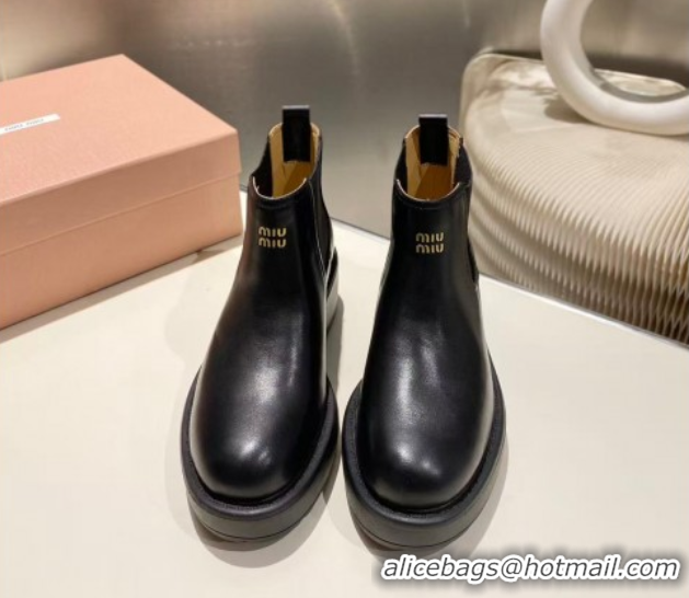 Discount Miu Miu Calf Leather Platform Ankle Boots Black 1024127