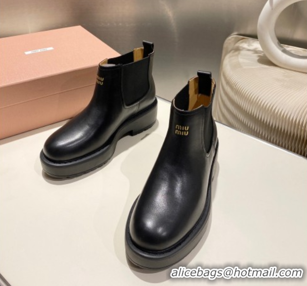 Discount Miu Miu Calf Leather Platform Ankle Boots Black 1024127