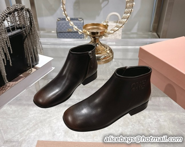 Duplicate Miu Miu Fumé Leather Flat Ankle Booties Brown 5T519E 1024128