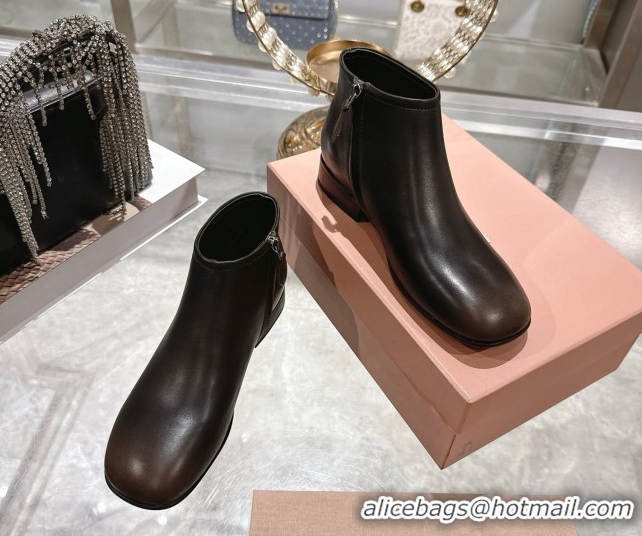 Duplicate Miu Miu Fumé Leather Flat Ankle Booties Brown 5T519E 1024128