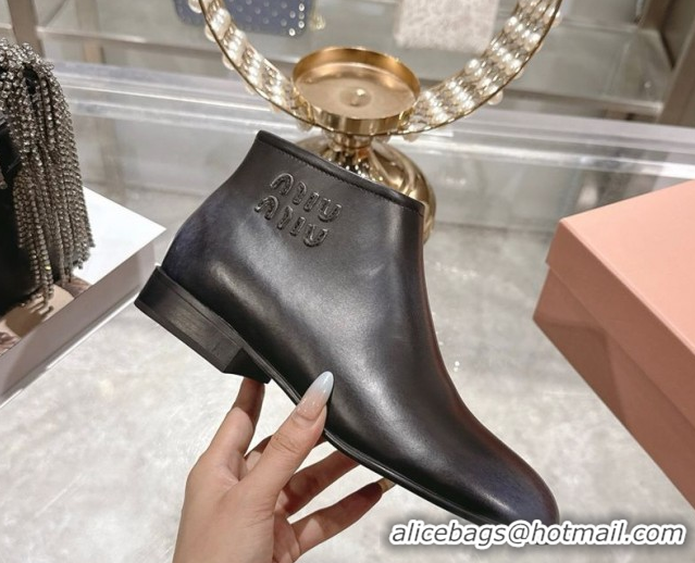 Shop Duplicate Miu Miu Fumé Leather Flat Ankle Booties Black 5T519E 1024129