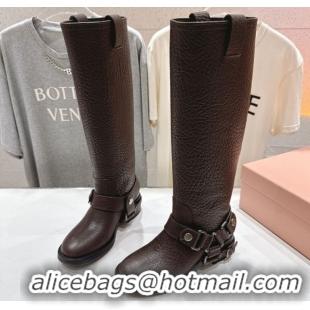 Cheap Price Miu Miu Embossed Leather Flat High Boots with Buckle Brown MM102404 1024132 2025