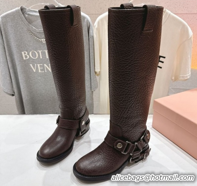 Cheap Price Miu Miu Embossed Leather Flat High Boots with Buckle Brown MM102404 1024132 2025