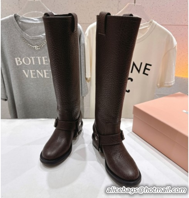 Cheap Price Miu Miu Embossed Leather Flat High Boots with Buckle Brown MM102404 1024132 2025