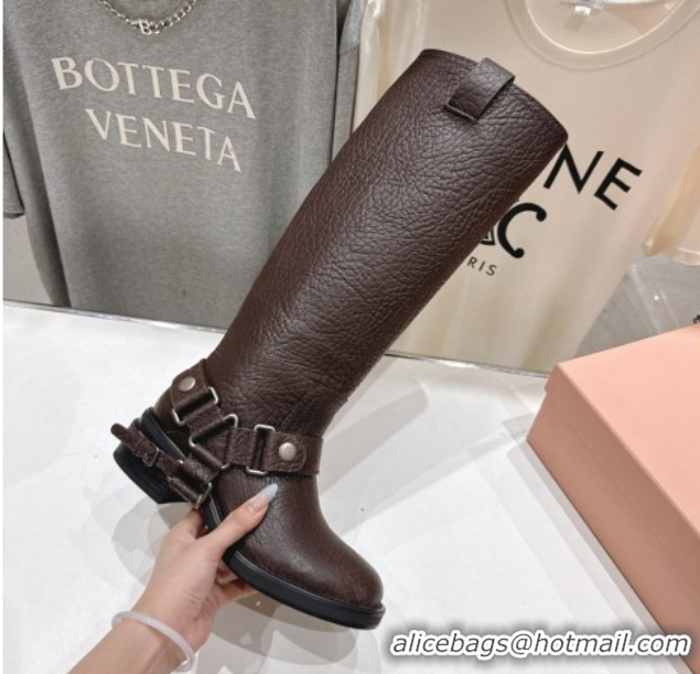 Cheap Price Miu Miu Embossed Leather Flat High Boots with Buckle Brown MM102404 1024132 2025