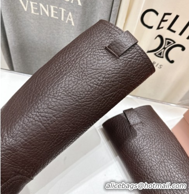 Cheap Price Miu Miu Embossed Leather Flat High Boots with Buckle Brown MM102404 1024132 2025