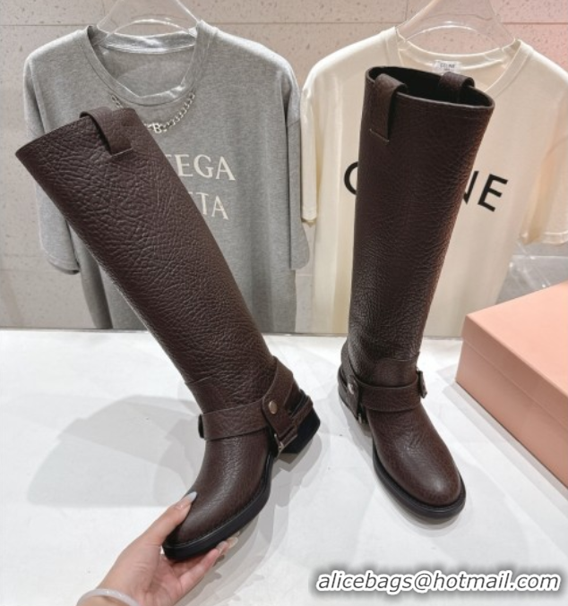 Cheap Price Miu Miu Embossed Leather Flat High Boots with Buckle Brown MM102404 1024132 2025