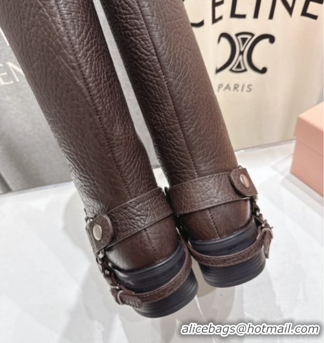 Cheap Price Miu Miu Embossed Leather Flat High Boots with Buckle Brown MM102404 1024132 2025