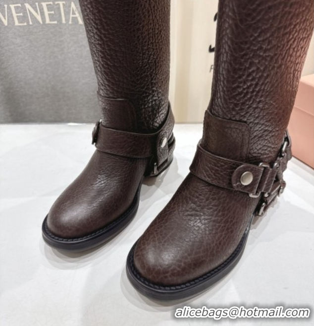Cheap Price Miu Miu Embossed Leather Flat High Boots with Buckle Brown MM102404 1024132 2025