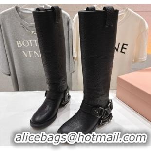 Top Design Miu Miu Embossed Leather Flat High Boots with Buckle Black MM102404 1024133 2025