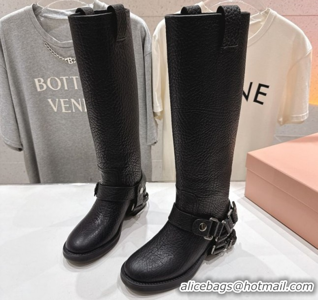 Top Design Miu Miu Embossed Leather Flat High Boots with Buckle Black MM102404 1024133 2025