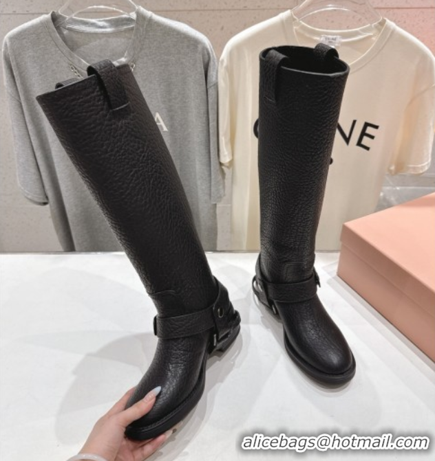 Top Design Miu Miu Embossed Leather Flat High Boots with Buckle Black MM102404 1024133 2025