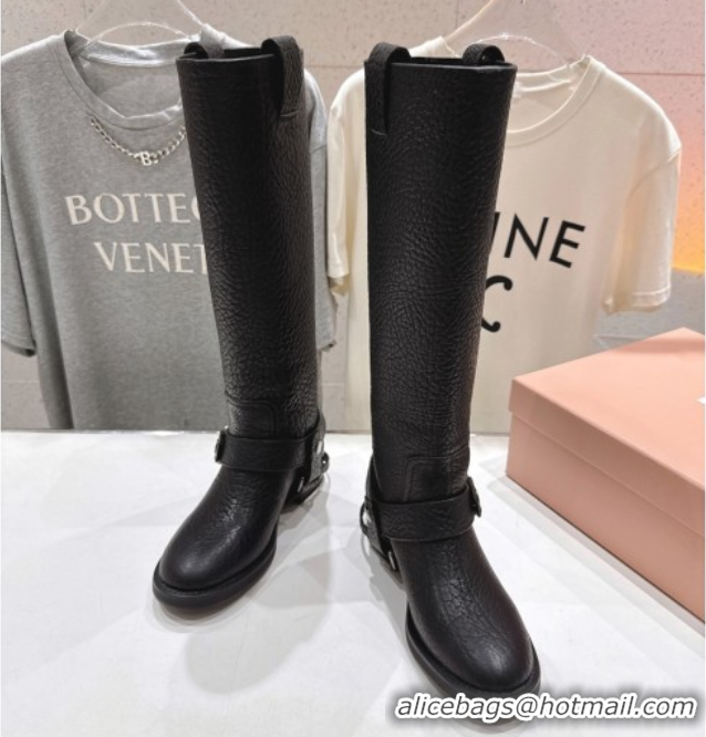 Top Design Miu Miu Embossed Leather Flat High Boots with Buckle Black MM102404 1024133 2025
