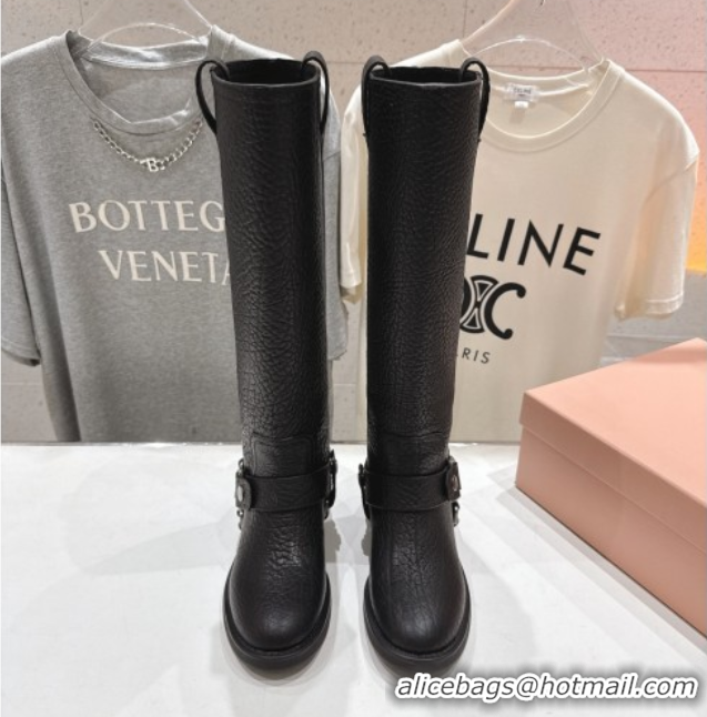 Top Design Miu Miu Embossed Leather Flat High Boots with Buckle Black MM102404 1024133 2025
