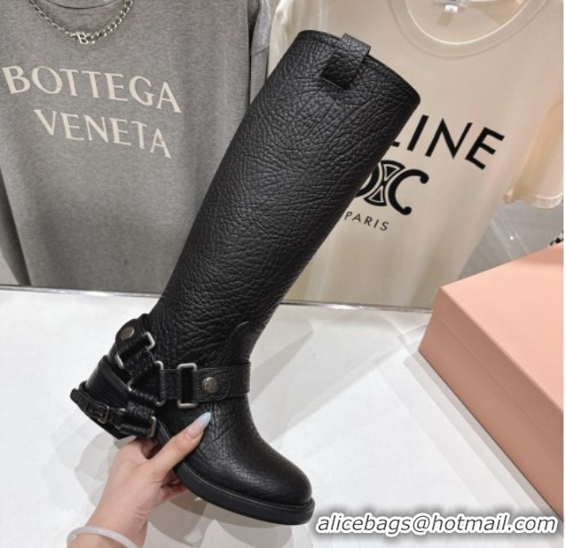 Top Design Miu Miu Embossed Leather Flat High Boots with Buckle Black MM102404 1024133 2025