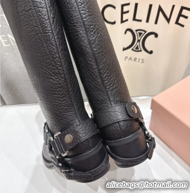 Top Design Miu Miu Embossed Leather Flat High Boots with Buckle Black MM102404 1024133 2025