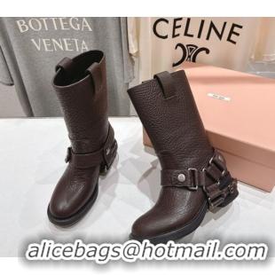 Charming Miu Miu Embossed Leather Flat Ankle Boots with Buckle Brown MM102404 1024134 2025