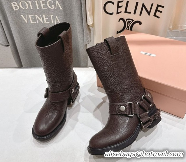 Charming Miu Miu Embossed Leather Flat Ankle Boots with Buckle Brown MM102404 1024134 2025