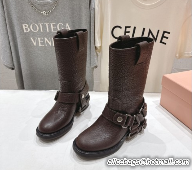Charming Miu Miu Embossed Leather Flat Ankle Boots with Buckle Brown MM102404 1024134 2025